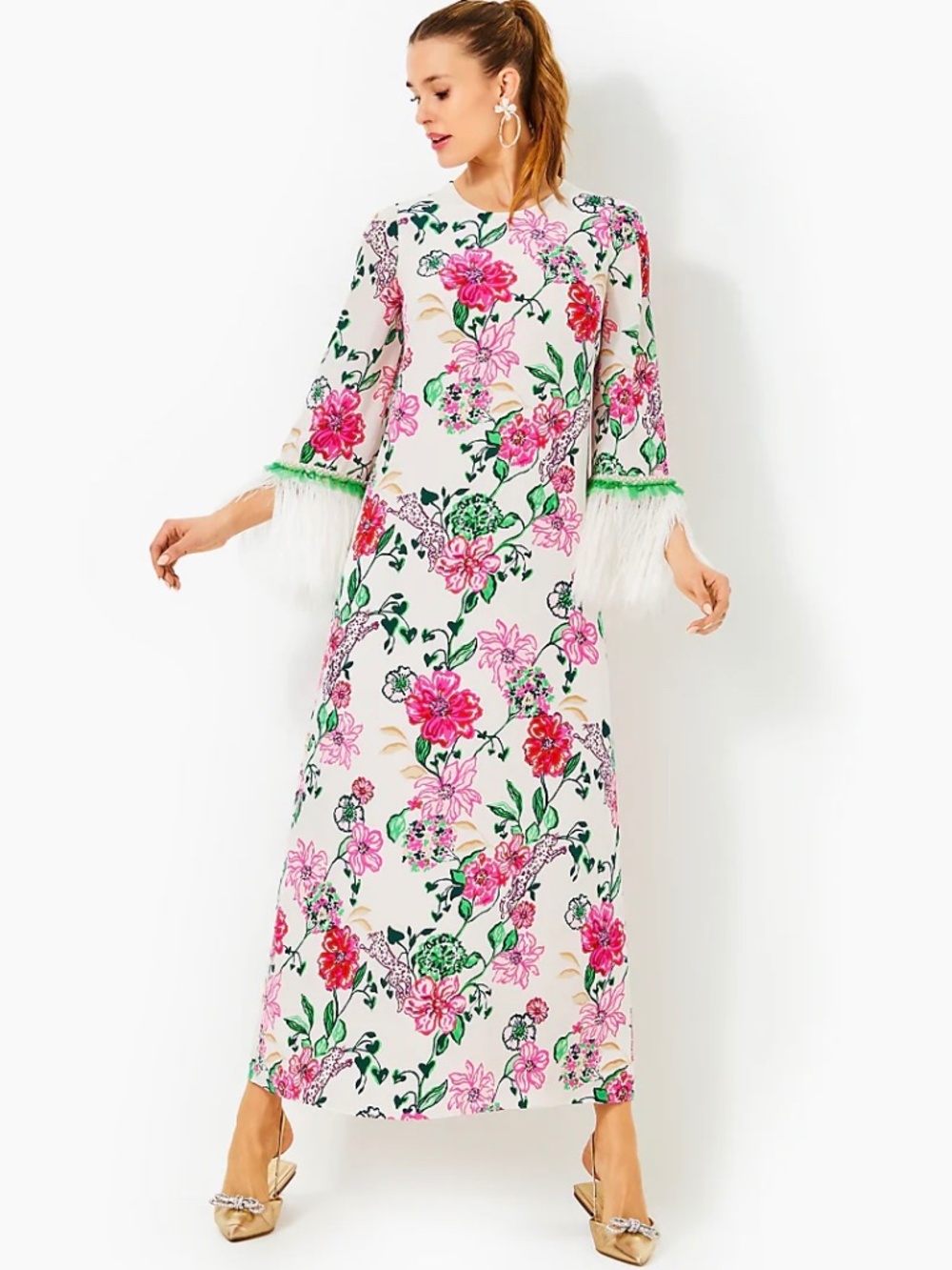 Lilly Pulitzer Nathalia Silk Embellished Bell Sleeve Maxi Dress SAFARI SANCTUARY